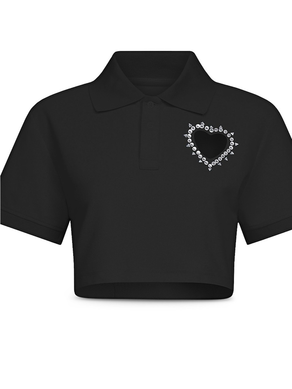 AREA Black Cropped Polo Top with Heart Stud Embellishment